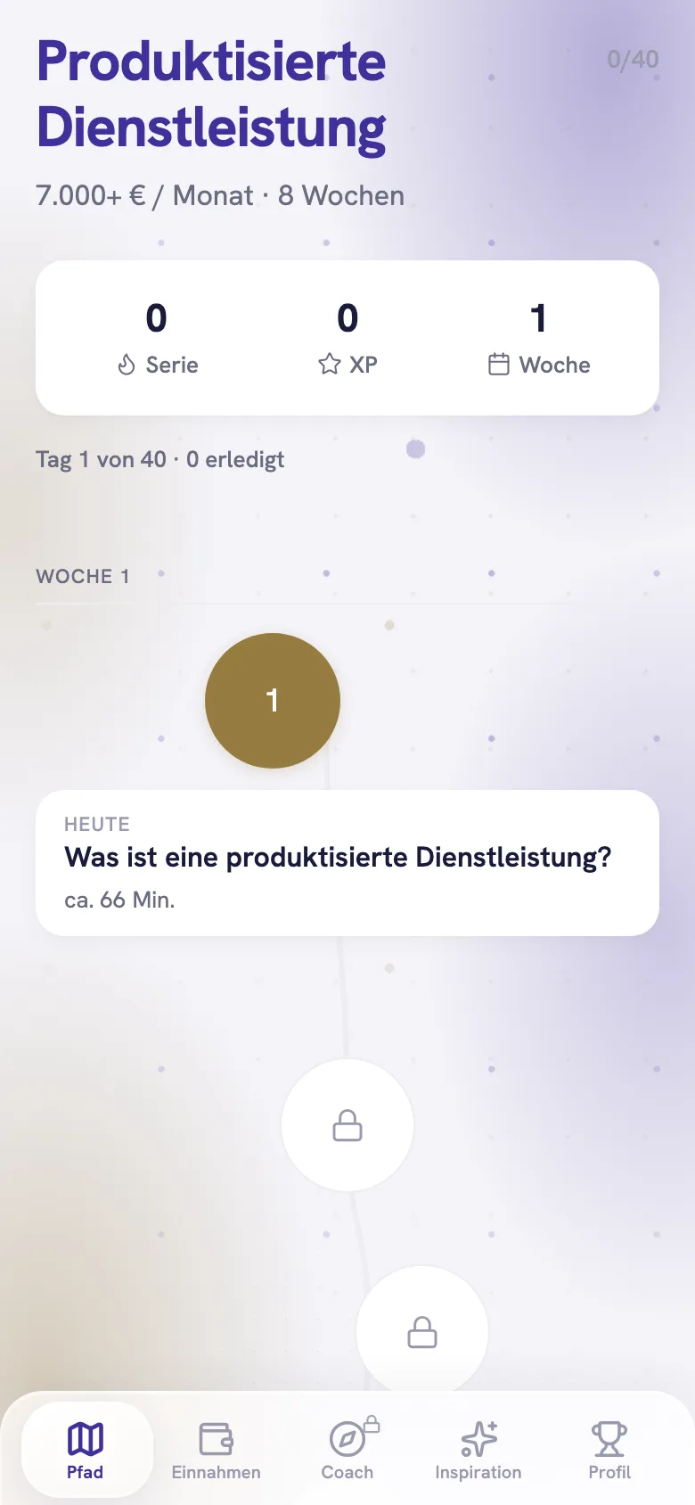 Coynix Lernpfad: Tag 1 von 40, Serie, XP und Wochenübersicht